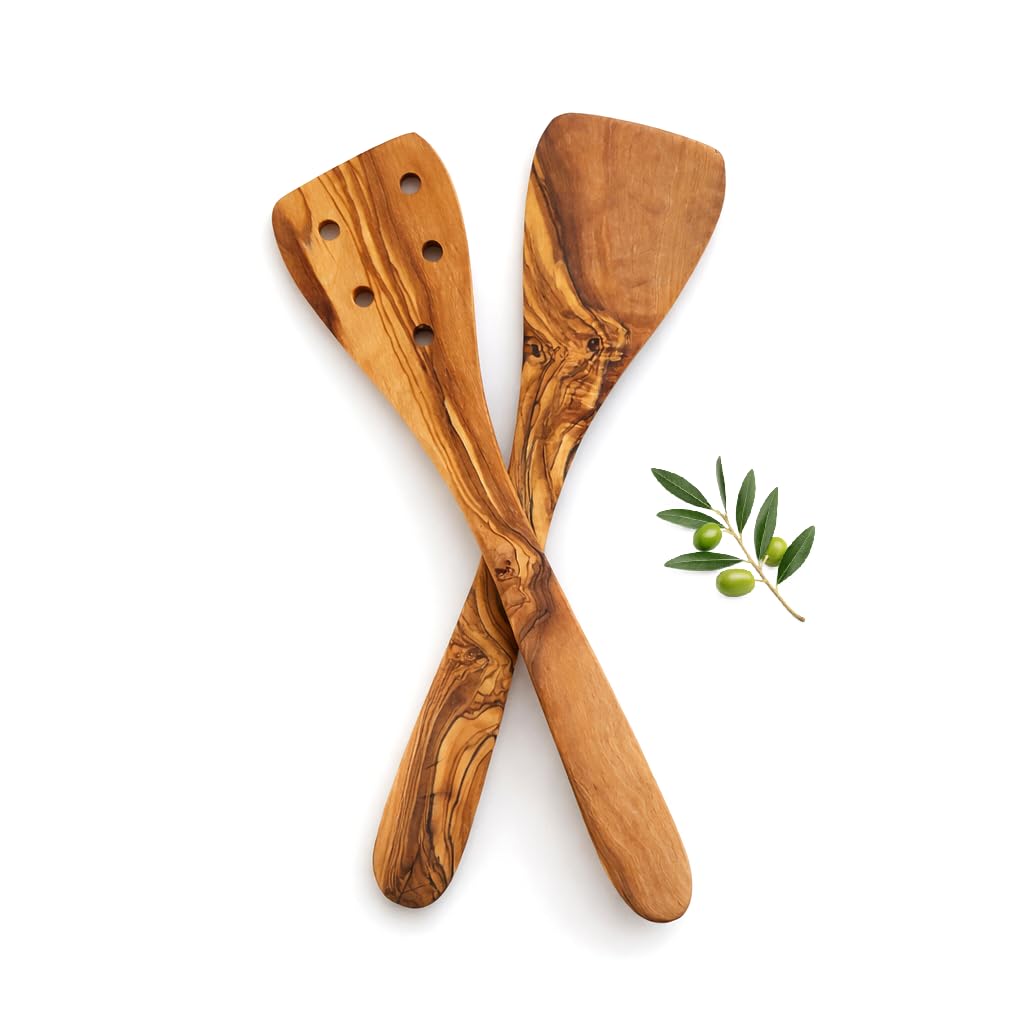 Juego de 2 espátulas de madera de olivo natural, utensilios de cocina, 30 cm