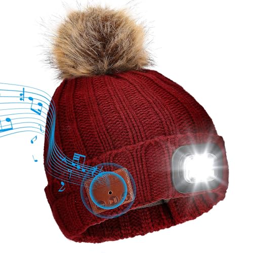 TAGVO Gorro Bluetooth con Linterna LED, Gorro LED Recargable por USB con Auriculares Micrófono, Sombrero Punto Cálido Iluminado para Deporte de Invierno al Aire Libre Senderismo Camping, Regalos Mujer