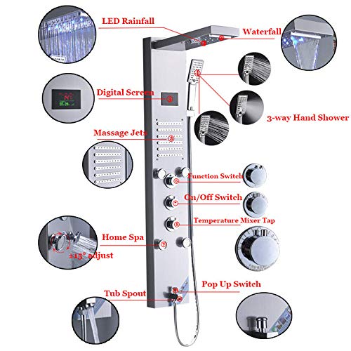Columna de ducha LED de lujo con efecto cascada, panel de ducha multifuncional con 4 boquillas y pantalla digital miniatura 3