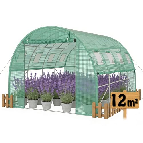 QEENTOE 3x4m Foliengewächshaus Gartengewächshäuser aus verzinktem Stahl PE Gewächshaus mit Aufrollbare Fenster Tomatenhaus Winterfest Folientunnel Pflanzenzelt Folien Treibhaus inkl. Erdanker