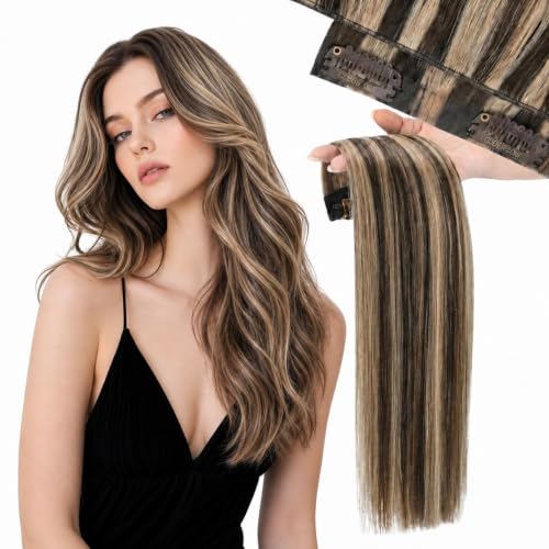 Image of Moresoo Clip in Hair Extensions Human Hair, 24inch Seamless Genius Weft | Clip in hair extensions real human hair, medium brown to warm caramel, 150g 7pcs, for influences, high-density caramel glam