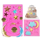 2Pcs Moon Star Sun Face Silicone Molds, Cloud Fondant Mold,Chocolate Candy Mould for Cupcake Cake Decorating, DIY Fondant Candy Cookies Crafting,Party Wedding Cake Crafts (Pink)