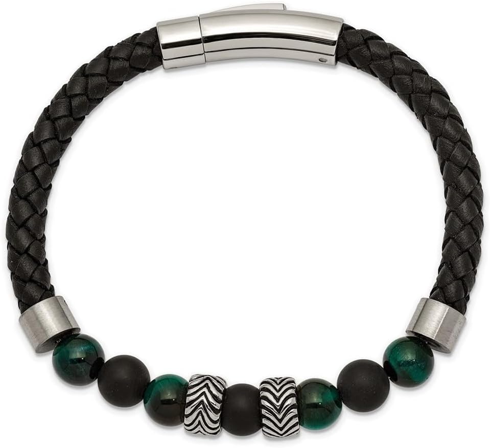JewelryWeb 5.6mm Stainless Steel Oxidized and Polished Black Agate And Green Tigers Eye Beads Black Leather Bracelet 8.5 Inch Link Bracelet for Women - Image 3