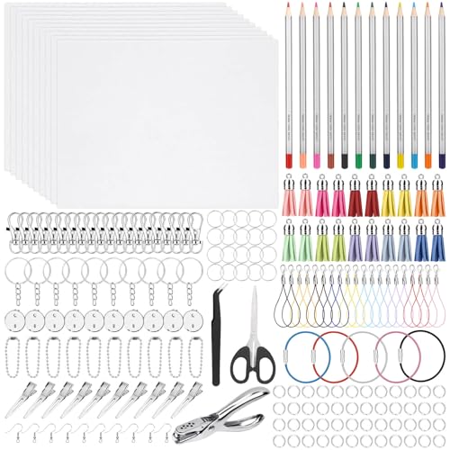 shynek 300 Pieces Shrinky Plastic Sheets Keychain kit, Including Shrinky Paper, Colored Pencils, Tassels, Keychains, Hair Clips, Hole Punch for Creative Crafts