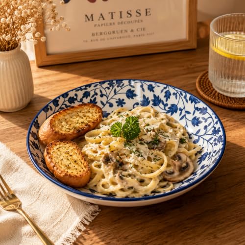 Image of Ceramic Pasta Plate, 20.4 cm Porcelain Dinner Plates, Microwave & Dishwasher Safe, Food Grade Ceramic, Deep Serving Plate for Pasta, Salad, Soup, Curry & Noodles (Blue Floral Vine Pattern, PACK OF 4)