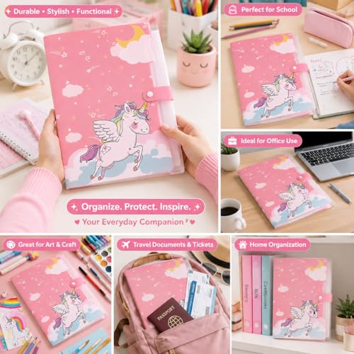 Image of Kids A4 File Folder Button Lock | Cartoon Theme Expandable Document Organizer Bag for Kids | 6 Pocket File Holder Certificates Test Papers Homework & School Documents Waterproof Storage