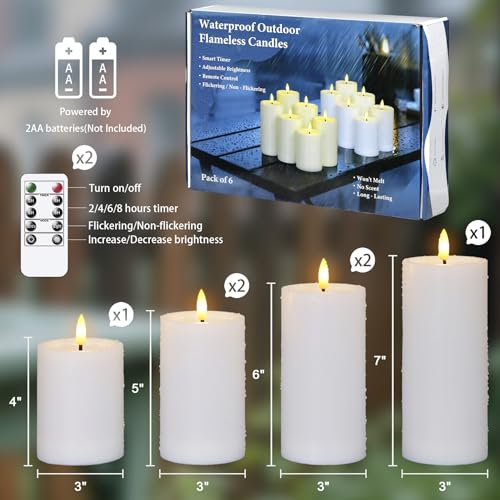 Image of Yeelida Outdoor 6pcs Flameless Waterproof Candles with Handy Remote Control, Cycle Timer Battery Operated Candle Grease Effect LED Flickering Pillar Plastic Long Lasting (White, 3 inch x4 inch 5 inch 5 inch 6 inch 6 inch 7 inch)