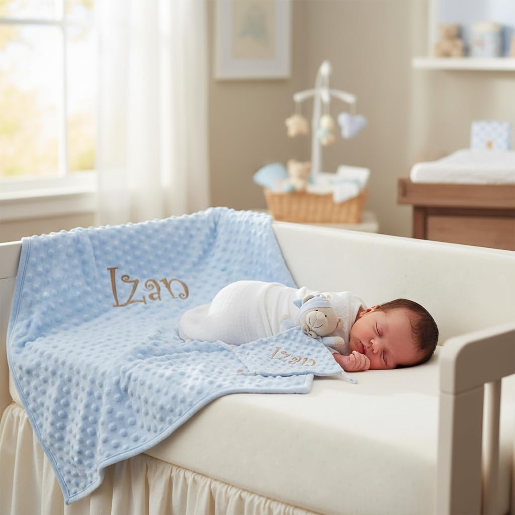 various Coffret Cadeau bébé personnalisé avec prénom, Bleu | Couverture Minky, Doudou ultra-douce, Brodée au nom du nouveau-né, Pour garçon ou fille