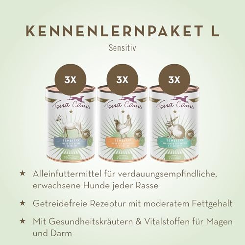 Terra Canis Kennenlernpaket L - Sensitiv, 9x400g I Premium Hundefutter in 100% Lebensmittelqualität Aller Rohstoffe I Reichhaltig & gesund I Allergenarm, getreidefrei & leicht verdaulich