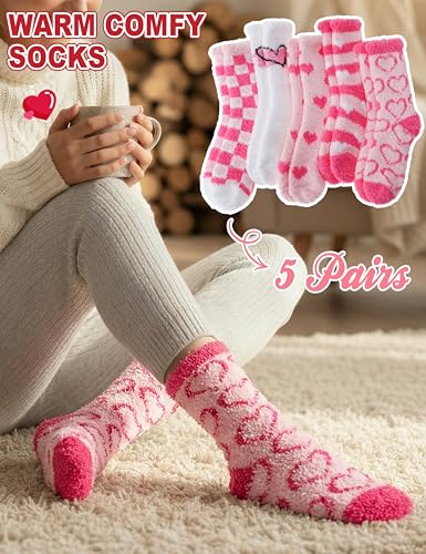 Image of Womens Fuzzy Socks Warm Fluffy Cozy Winter Slipper Thick Fleece Heart Socks 5 Pairs