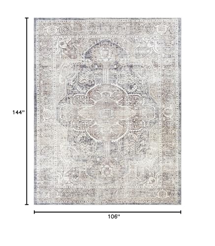 Image of Hauteloom Pegasus Turkish Oriental Medallion Living Room Bedroom Large Area Rug - 0.04 inch Pile Height - Machine Washable - Vintage Distressed - Traditional Faded - Brown, Navy Blue, Beige - 8'10 inch x 12'