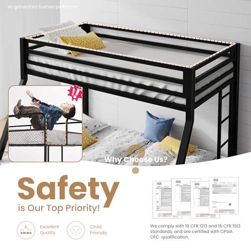 Image of SHA CERLIN Bunk Bed Twin Over Full Size with Ladder and Guardrail,Black | Heavy Duty,Metal Slats Support,No Box Spring Needed,Small Space Saving Furniture for Bedroom Dorm