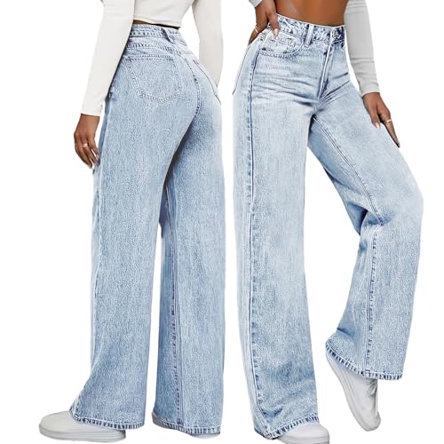 Jean jambe large taille haute extensible avec poches coupe flatteuse sans bouton