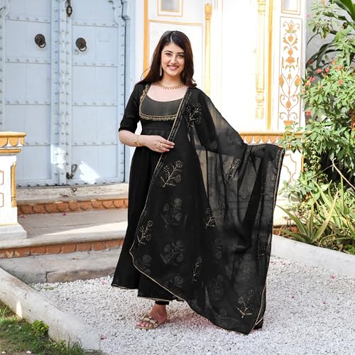 Image of GoSriKi Women's Rayon Viscose Embroidered Anarkali Kurta with Pant & Dupatta