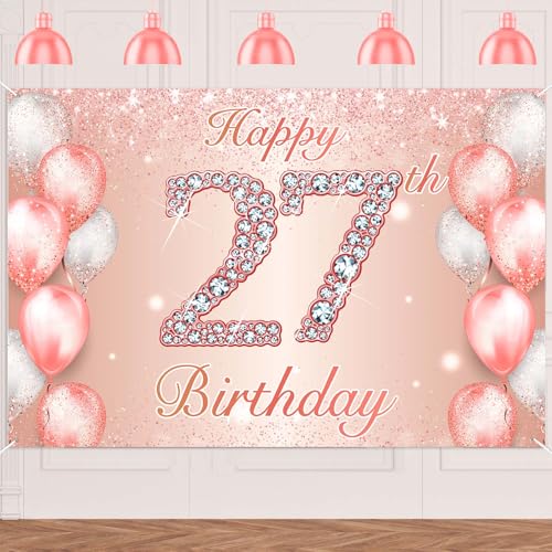 Image of Happy 27th Birthday Rose Gold Banner Cheers to 27 Years Old Backdrop Confetti Balloons Theme Decor for Women 27 Years Old Pink Birthday Party Decorations Bday Supplies Background Favors Gift Glitter