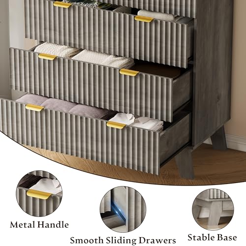 Image of BORNOON 46 inch Tall Dresser for Bedroom, 6-Drawer Fluted Chest of Drawers, Modern Wood Highboy with Deep Storage, Metal Slides and Handles, Anti-Tip Kit, Vertical Clothes Organizer for Apartment, Nursery