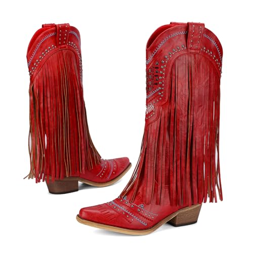 Shofrindy Fringe Cowboy Boots for Women Long Western Embroidered Tassal Red Cowgirl Boot Knee High Snip Toe Pull On Cow Boy Tall Shoes Size 8.5