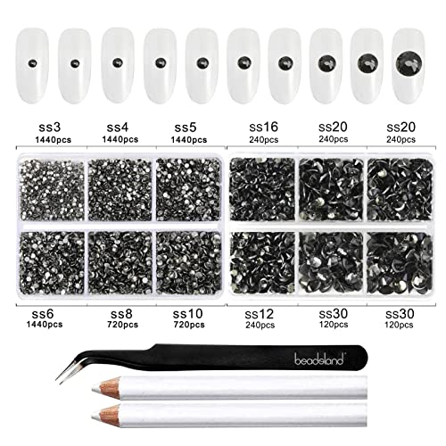 Image of Beadsland 8300PCS Flatback Rhinestones, Gray Rhinestone Round Crystal Rhinestones for Crafts, Mixed 10 Sizes with Wax Pencil and Tweezer Kit, SS3-SS30, Black Diamond