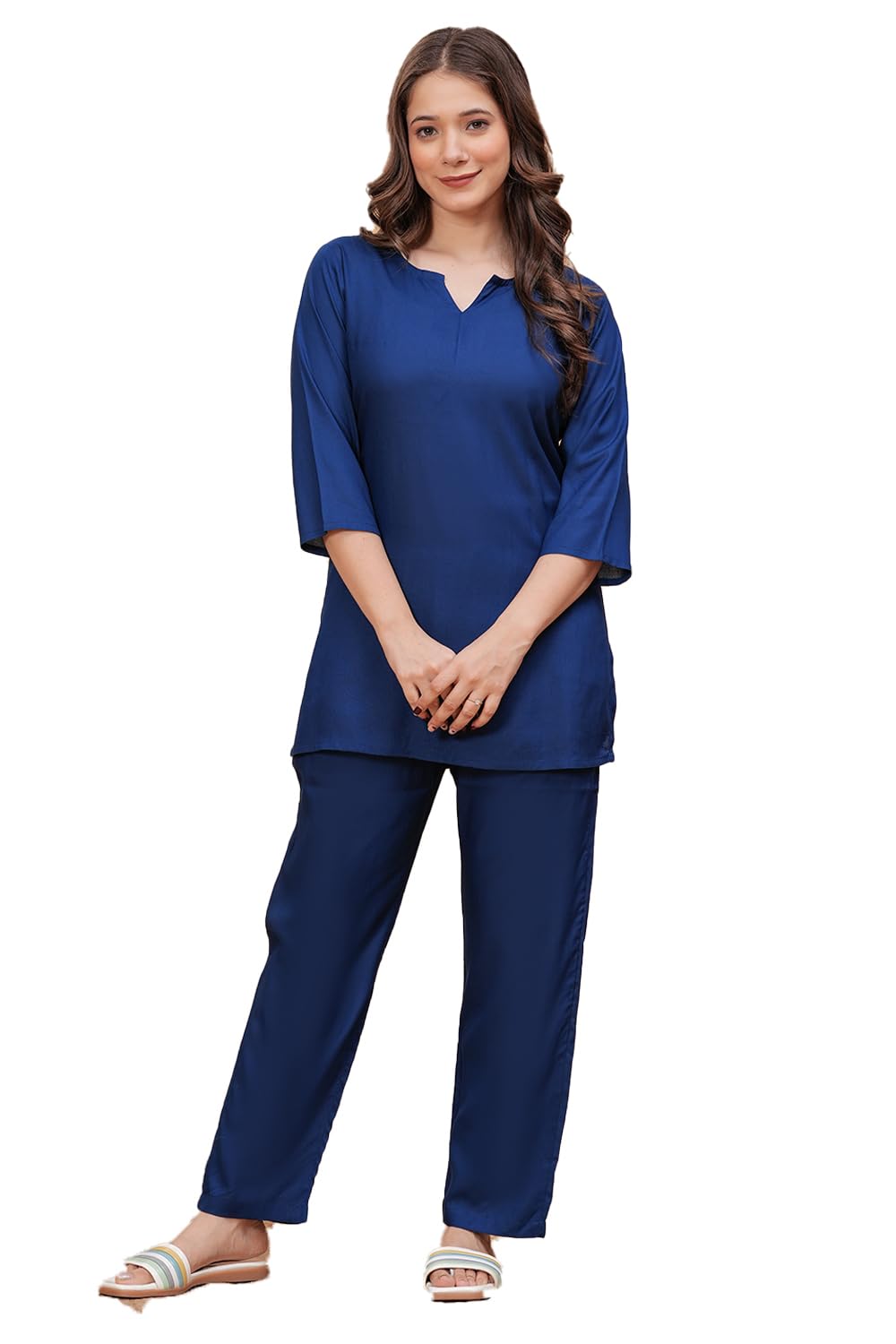 monique Moniique Brand Women's Rayon Plain/Solid Night Suit Set Pack of 1 / Top and Pajama Pants Regular Fit Night Suit Top and Pyjama Set Ladies Night Dress Royal Blue, Large-picture-15