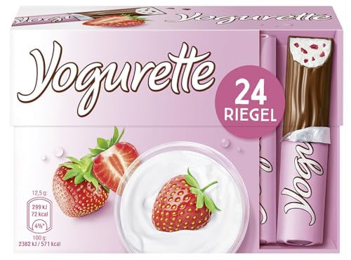 Yogurette Erdbeere Riegel – Fruchtig-frischer Geschmack von Magermilchjoghurt, Erdbeeren & Vollmilchschokolade – 1 Packung mit 24 einzeln verpackten Riegeln, 300 g