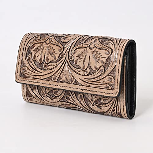 Hantooled Leather Wallet RFID Blocking, Trifold Ladies Purse, Flower Handtooled and Carved long Clutch, 1 Back Zip pocket, Wallet For Women (Light brown)2