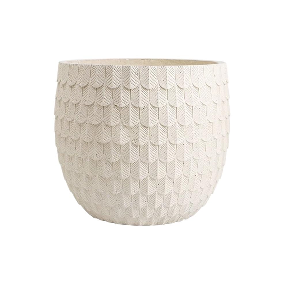 Pot de fleur en argile beige au motif de plumes sculptées