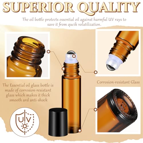 Domensi 30 Pcs Essential Oil Bottles, 10 ml Glass Bottle with Stainless Steel Roller Ball and Cap for Travel, Perfume, Lip Balm, 2 Funnels, 0.5 ml Dropper(Amber)3