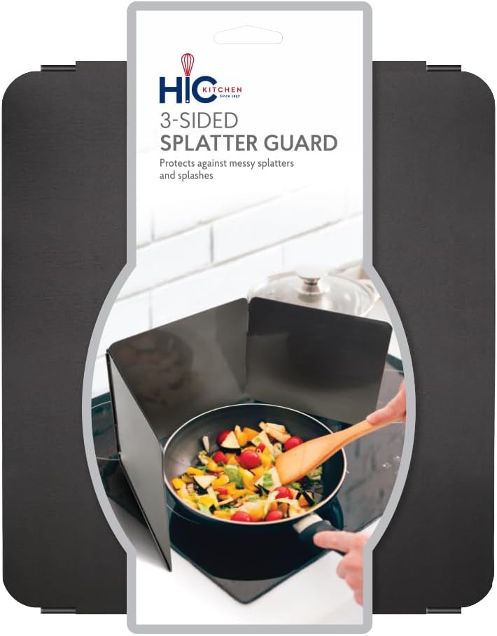 HIC Kitchen 3-Sided Splatter Guard, Non-Stick Carbon Steel, Heat Safe, Set of 2, Folds Flat For Storage, Fits Up To 10.5-Inch Pans And Bowls