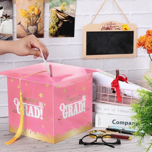 Image of Outus 2026 Grad Card Box with Tassel Congrats Graduation Cap Card Holder for Graduation Gift Box Party Supplies(Pink,Stylish)