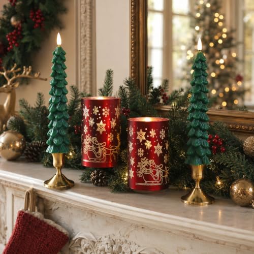 Image of Lezonic Christmas Flameless Candles with Remote, Green Christmas Tree Flickering Battery Operated Window Candlesticks, Red Glass Xmas New Year Decorations Gifts, Set of 4 Real Wax LED Candles