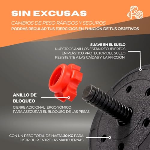 Mobiclinic® , Mancuernas ajustables, 2 en 1, Peso de 2-30 kg, Incluye y barra extensión acolchada, Tuercas antideslizantes, Acero resistente, Gym casa - Imagen 6