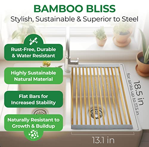 Bamboo Roll Up Dish Drying Rack Over The Sink, Wooden Kitchen Sink Accessories (18 x 13 in)