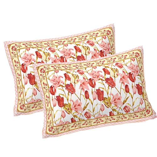 Image of Living Roots Jaipuri Hand Block Print Double Cotton Bedsheet & 2 Pillow Covers, for Mattress Upto 8 inches Thick, No Colour Bleeding, Pink Colour, Super King Size 96 * 104 inches, 150TC (576-C)