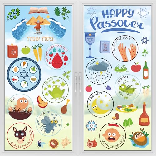 Image of 63 PCS Passover Decorations, 9 Sheets Colorful Passover Window Clings with Seder Plates Stars of David Eggs Red Wine Patterns, Double-Sided Jewish Decor for Pesach Party Supplies Home School