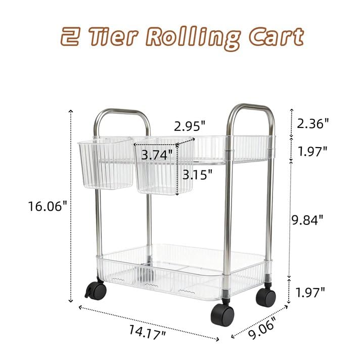 Image of 2 Tier Utility Rolling Cart with Wheels Sofa Side Table Small Under Desk Storage Organizer, Clear Acrylic Plastic Mobile Trolley Organization Storage Cart for Kitchen Pantry Bathroom Vanity