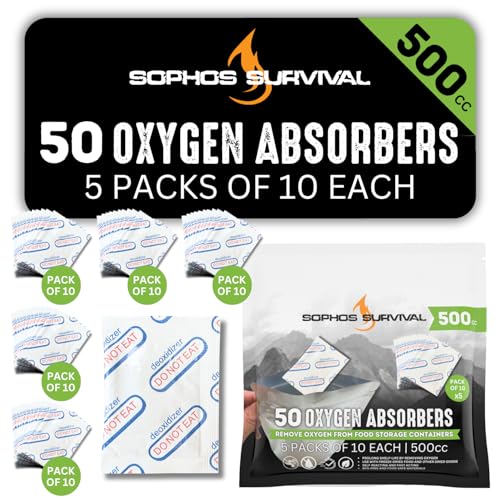 50 Packs 500cc Oxygen Absorbers (10 Pack in Individual Vacuum Bag) FDA Food Safe Oxygen Absorbers For Long Term Food Storage, Works in Mylar Bags for Freeze Drying, Canning, and Dehydrating