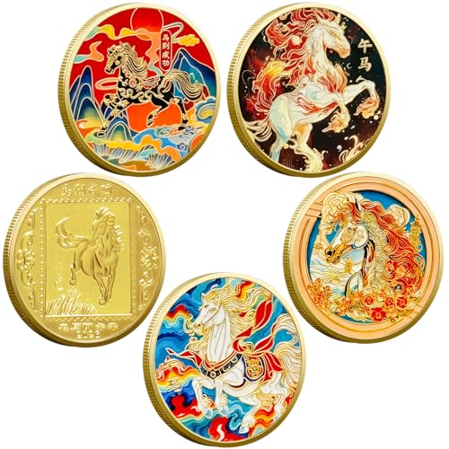 5 Pcs Chinese Horse Coin 2026 Year of The Horse Zodiac Coin Gold Chinese Lucky Coin for Lunar Year Zodiac Blessing Souvenir Gifts with Protective Case