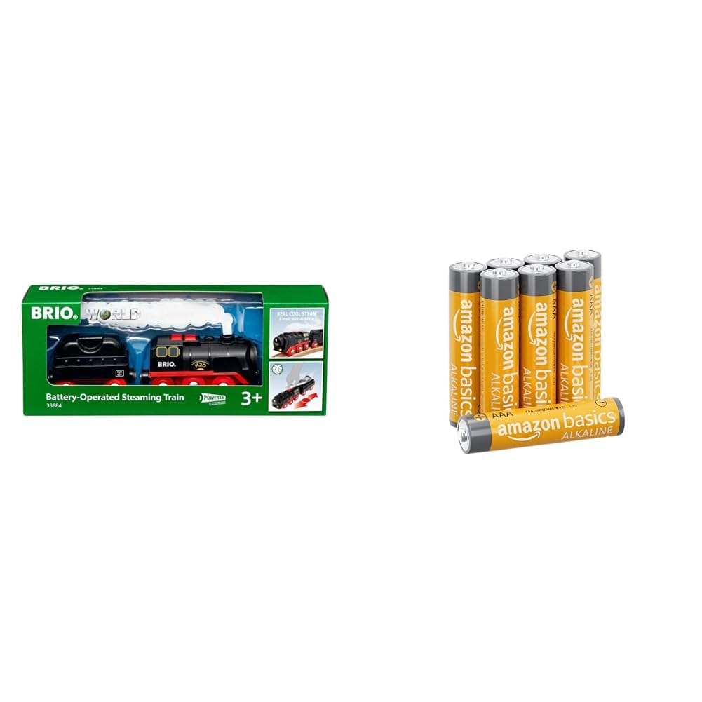 BRIO Tren de Vapor a Pilas & Amazon Basics - Pilas alcalinas AAA de 1,5 voltios, Gama Performance, Paquete de 8 (el Aspecto Puede Variar)