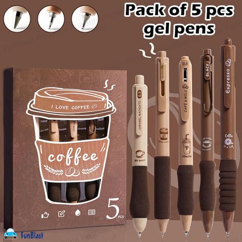 Image of FunBlast Gel Pens for Writing, 5 Pcs Gel Pen & 1 Pcs Highlighter Pen, with Comfortable Grip for Smooth Writing, Kawaii Pens, Stationery for School & Office (Blue Ink) (Coffee)