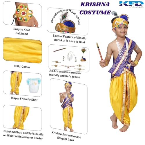 Image of Kaku Fancy Dresses Krishna Costume With Dhoti For Boy /Janmashtami /Bal Gopal Dress /Kanha Costume /Bal Krishna /Mythological Costume For Boy - Yellow-Red, 1-2 Years