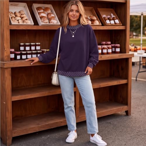 Mock Neck Sweatshirt Women Patchwork Scalloped Edge Polka Dot Pullover - image 8