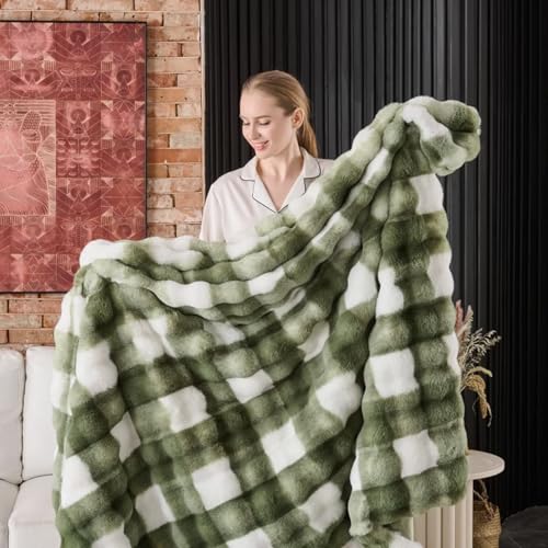 760GSM Faux Rabbit Faux Fur Throw Blanket Super Thick Warm Bubble Blanket Throw Fuzzy Luxury Plush Decorative Blanket for Couch Bed Sofa(Sage Green Grid Print 50x 60)