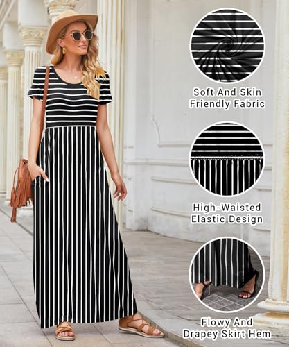 Image of EUOVMY Women's Short Sleeve Loose Plain Maxi Dresses Casual Vacation Long Dresses with Pockets
