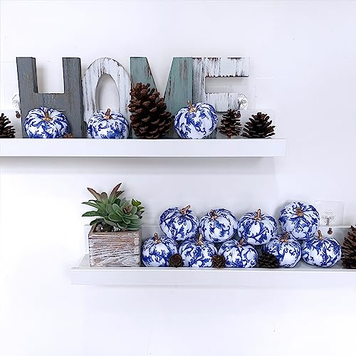 Image of Winlyn 12 Pcs Small Fabric Decorative Blue and White Pumpkins Chinoiserie Chic Foam Pumpkins 3 inch for Gifts Fall Wedding Halloween Thanksgiving Table Centerpiece Mantel Farmhouse Decor