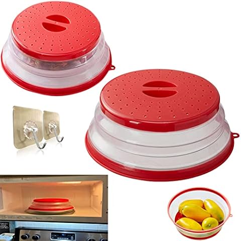 KAZETEC Collapsible Microwave, Lid for Reheating Food, Meal Prep Gadget, No Mess Folding Plate Cover Kitchen Tool, BPA-Free Silicone & Plastic,(2-piece set)With non-marking sticky hook-2 pieces Cover