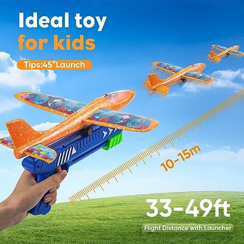 Kids Toys Gifts for 4 5 6 7 8 9 10 11 12 + Year Old Boys Girls Cool Birthday Outdoor Educational Airplane Launcher Toy 3 Pack Led Light Foam Glider Planes Airplanes with 3 Sets of Themed DIY Stickers 2 519JdD4slfL. AC