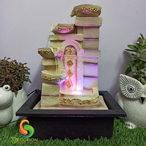 Image of Decorative Table Top Water Fountain for Home Decor /Office /Indoor & Outdoor /Garden /Puja Room /Vaastu with Multicolor LED Light and Adjustable Water Pump (4 Step Designer Diya)