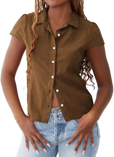 Y2k Button Down Shirt Short Sleeve Gingham Plaid Striped Crop Tops Vintage Women Teen Girl Going Out Blouse