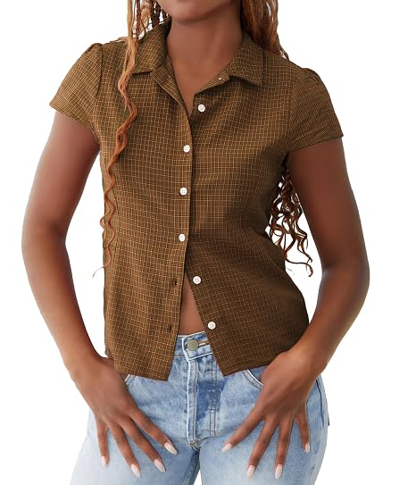 Y2k Button Down Shirt Short Sleeve Gingham Plaid Striped Crop Tops Vintage Women Teen Girl Going Out Blouse