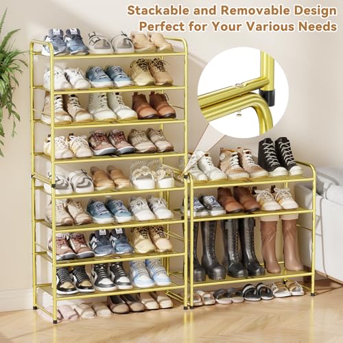 Image of Modern Shoe Rack, 4 Tier Heavy Duty Metal Mesh Shoe Shelf 27 Inch Wide, Gold